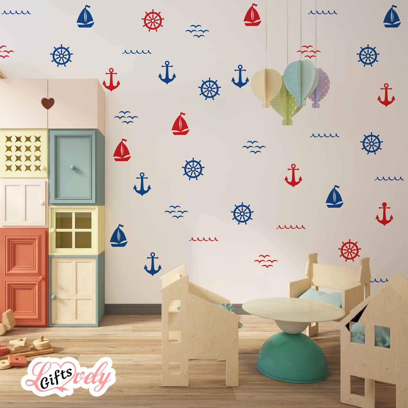 סט מדבקות קיר ענק לחדרי ילדים ותינוקות דגם ים