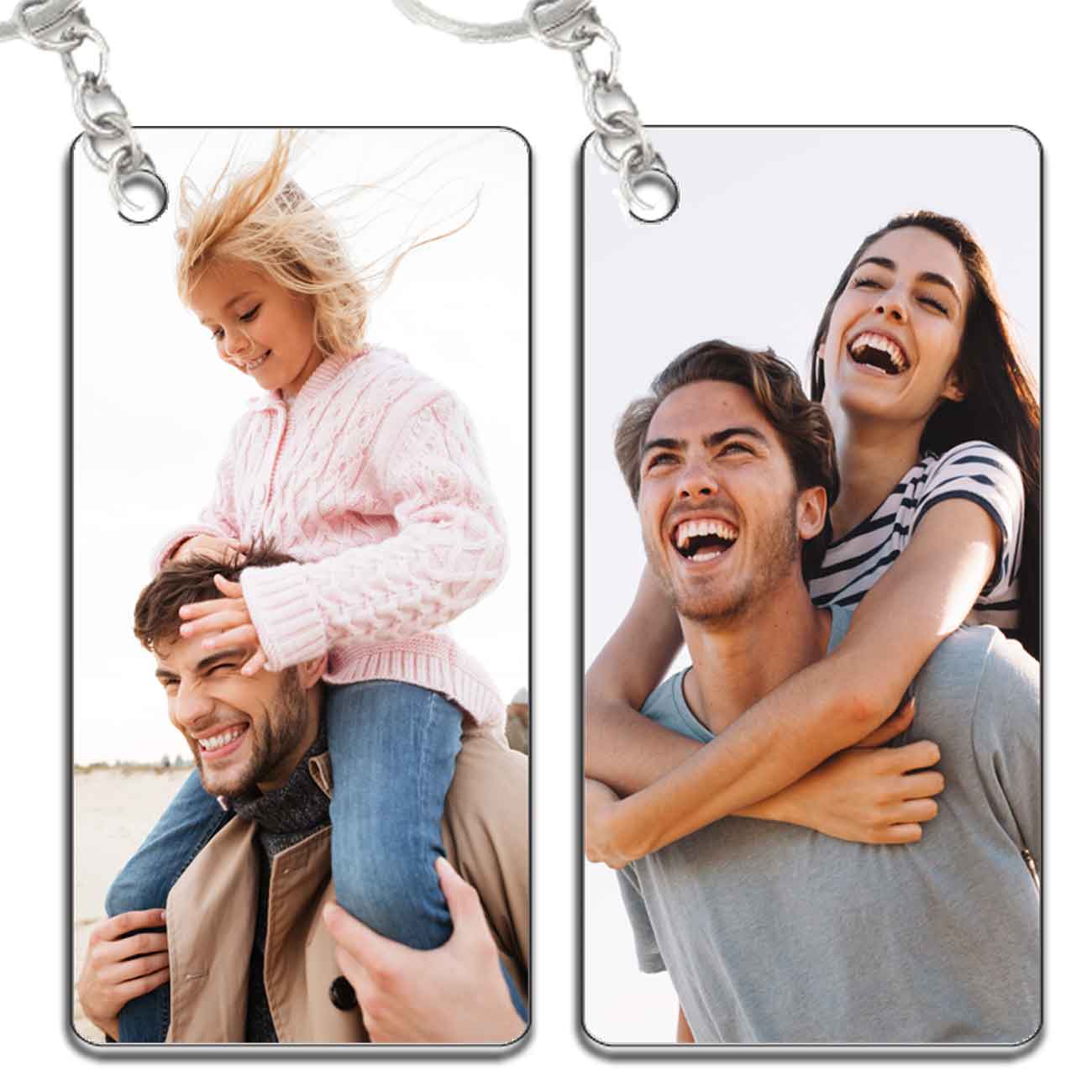 זוג מחזיקי מפתחות מעץ בעיצוב אישי עם תמונה בצורת מלבן