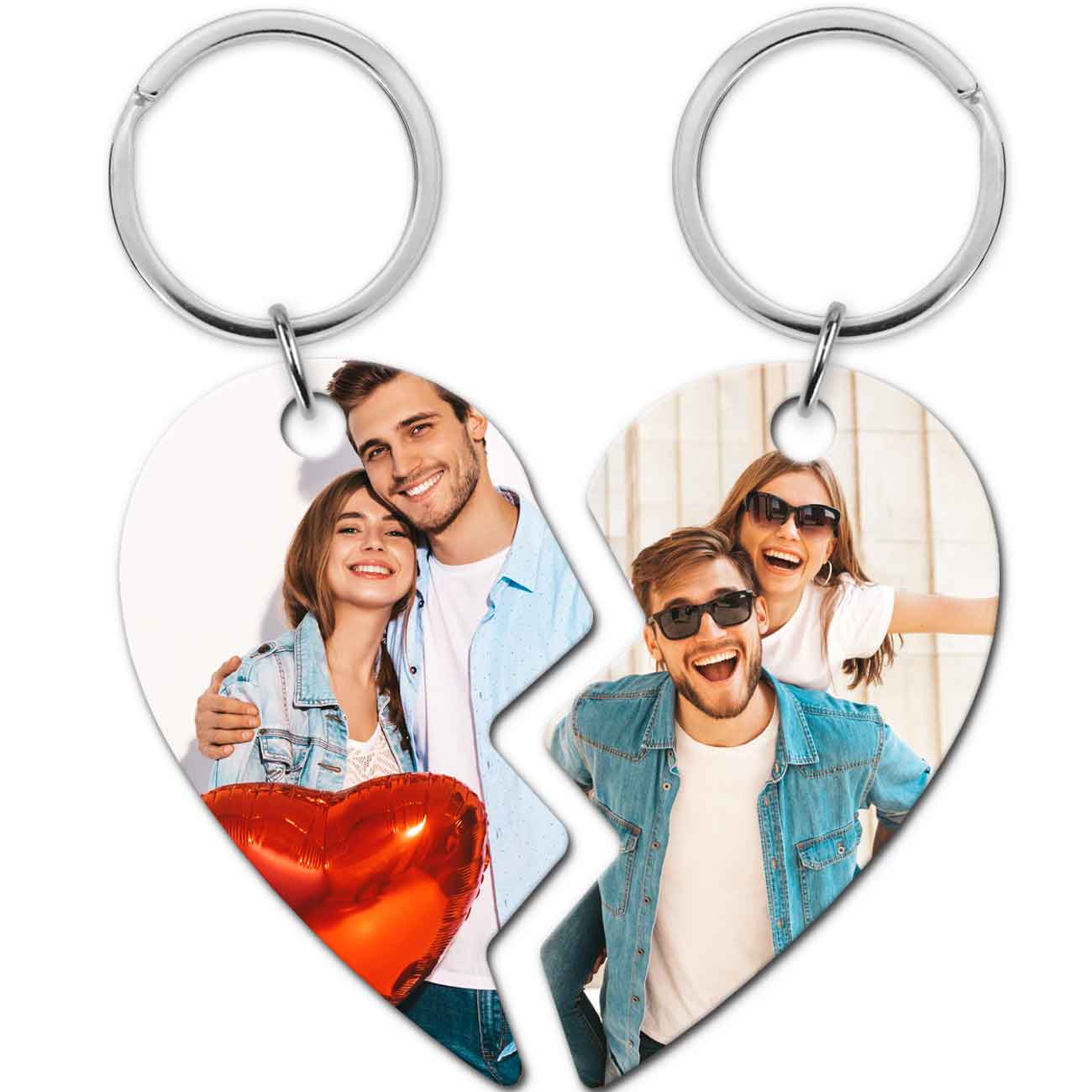 זוג מחזיקי מפתחות עם תמונה בעיצוב אישי לב חצוי