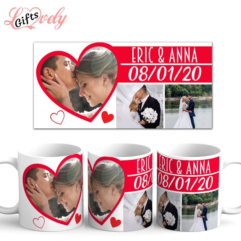 כוס בעיצוב אישי עם תמונה והקדשה, חתונה ויום האהבה, קולאז' 3 תמונות ולב