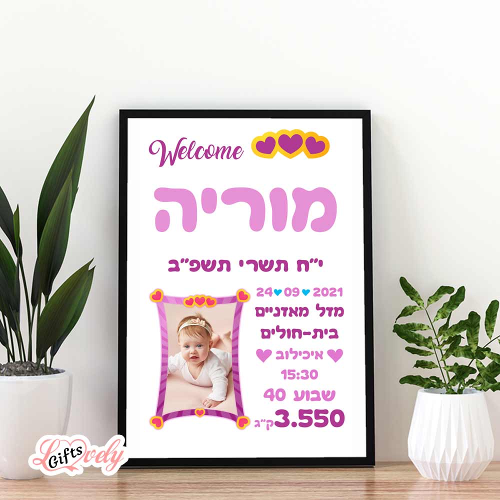 תעודת לידה מעוצבת עם תמונה ופרטי הלידה בנות 146G