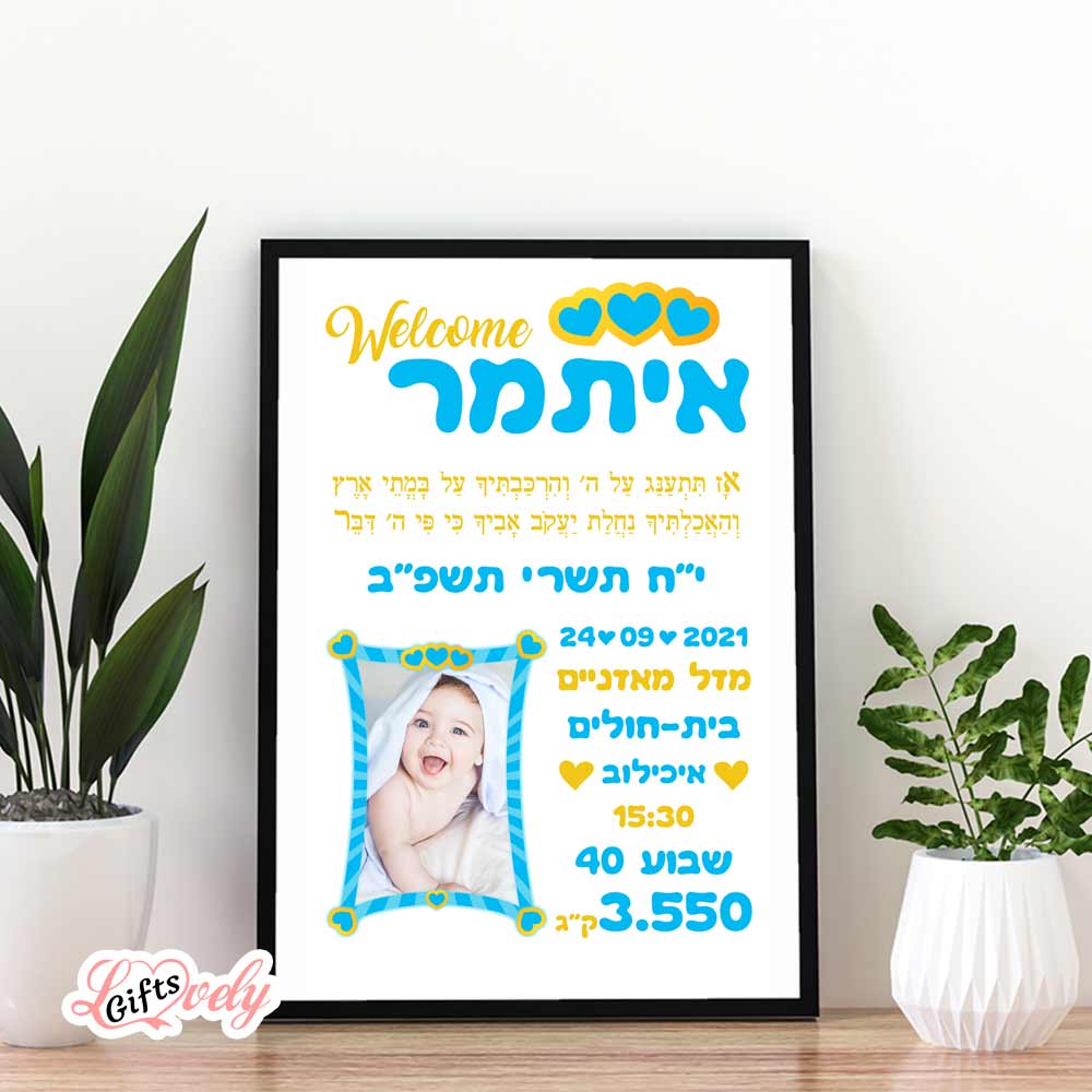 תעודת לידה מעוצבת עם תמונה ופרטי הלידה ופסוק מהתנ