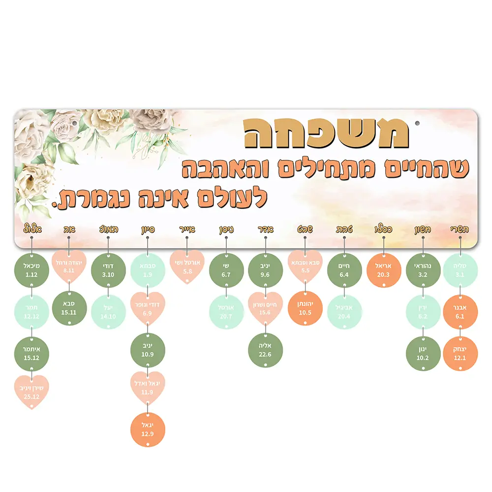 לוח ימי הולדת משפחתי מעץ בעיצוב פרחוני עם 20 תליונים עגולים ולבבות, שלט תאריכים מחולק לפי חודשים
